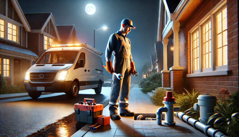 Professional plumber working on a residential plumbing issue at night in a suburban neighborhood with a 24/7 emergency plumbing service van nearby.