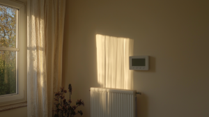 Interior home view showing thermostat and radiator, with gentle sunlight through window curtains.