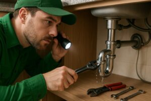 Plumber in green uniform fixing leaking pipe under kitchen sink with flashlight and tools nearby.