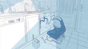 Plumber performing a pipe repair under a kitchen sink in a South Jersey home