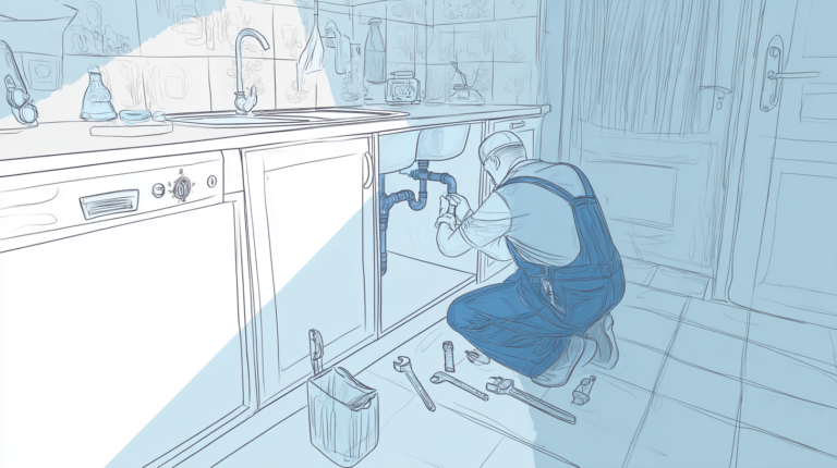 Plumber performing a pipe repair under a kitchen sink in a South Jersey home